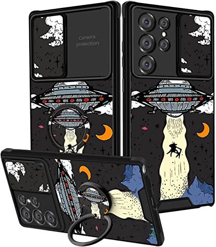 Goocrux 2-in-1-Schutzhülle für Samsung Galaxy S22 Ultra für Damen, Herren und Mädchen, niedliches UFO-Handyhülle, modisches Aliens-Universum-Muster, mit Schiebe-Kamera-Abdeckung und Ringhalter-Hüllen von Goocrux