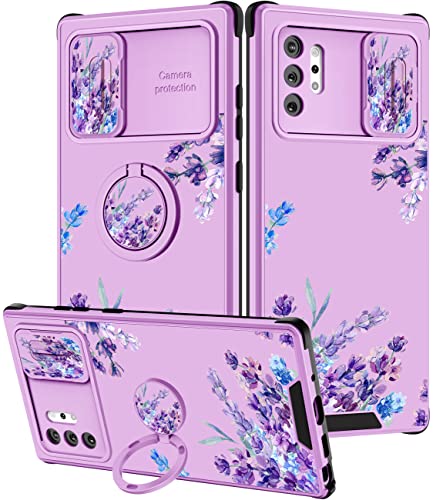 Goocrux (2in1 für Samsung Galaxy Note 10 Plus Hülle Blumenblumen für Frauen Mädchen Handyhülle Niedliches LavendelPflanzenDesign mit SchiebekameraAbdeckung + Ringhalter, lila Hüllen für Note10 von Goocrux