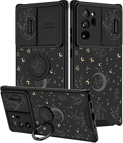 Goocrux 2-in-1-Schutzhülle für Samsung Galaxy Note 20 Ultra (Mond, Pflanzen, Frauen, Mädchen, niedlich, Blume, Herz, Sterne, Weltraum-Design, mit Schiebe-Kamera-Abdeckung und Ring, modische schwarze von Goocrux