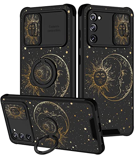 Goocrux (2in1 für Samsung Galaxy S20 FE 5G Hülle Sonne und Mond für Frauen Mädchen Niedliche Sterne Weltraum Handyhülle mit Schiebe-Kamera-Abdeckung + Ringhalter Mode Golden Print Design Hüllen für von Goocrux