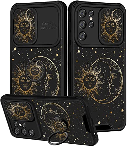 Goocrux (2in1 für Samsung Galaxy S21 Ultra Hülle für Frauen Mädchen Niedliche Sonne Mond Sterne Handyhülle Mode Golden Star Print Muster Design mit Slide Kamera Cover + Ring Halter Hüllen für S21 von Goocrux