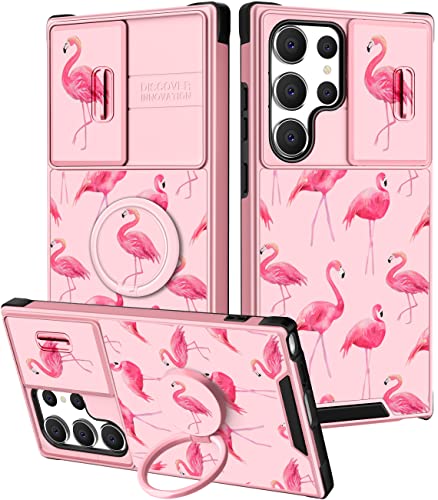 Goocrux (2in1 für Samsung Galaxy S23 Ultra Hülle Flamingo für Frauen Mädchen Niedliche Mädchen-Telefonabdeckung Rosa Flamingos Design mit Schiebe-Kamera-Abdeckung + Ringhalter, einzigartige von Goocrux