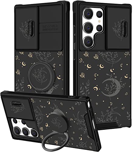 Goocrux 2-in-1-Schutzhülle für Samsung Galaxy S23 Ultra, Motiv: Mond und Sterne für Damen und Mädchen, niedliches Mädchen, Motiv: schwarze Pflanzen, Herz-Design, mit Schiebe-Kamera-Abdeckung und Ring, von Goocrux