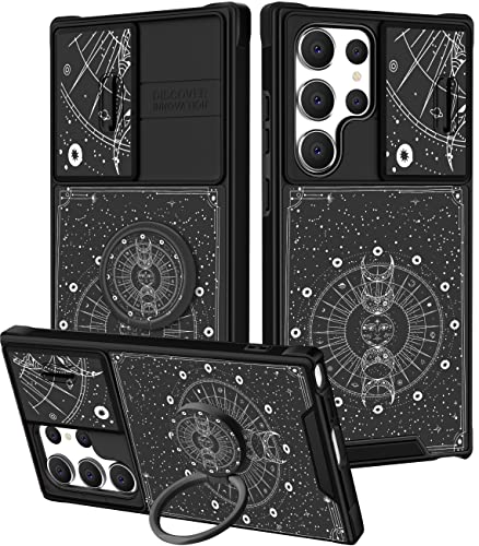 Goocrux 2-in-1-Schutzhülle für Samsung Galaxy S23 Ultra, Mond und Sterne für Damen und Mädchen, niedlicher Kompass, modisch, schwarzer Stern, mit Schiebe-Kamera-Abdeckung und Ringhalterung, von Goocrux