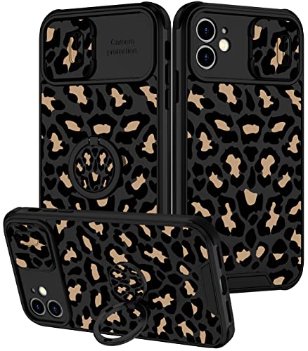 Goocrux (2in1 für iPhone 12 Hülle Leopard für Frauen Mädchen Handyhülle Gepardenmuster Tierdesign mit SchiebekameraAbdeckung + Ringhalter, niedliches schwarzes Muster, MädchenHüllen für iPhone 12 von Goocrux