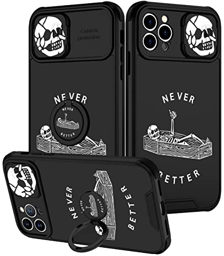 Goocrux (2in1 für iPhone 12 Pro Hülle Schädel Skelett Frauen Mädchen Niedlich Gothic Handyhülle Ghost Horror mit Schiebekamera Cover + Ring Cool Never Better Spooky Boys Teen Black Cases for iPhone von Goocrux