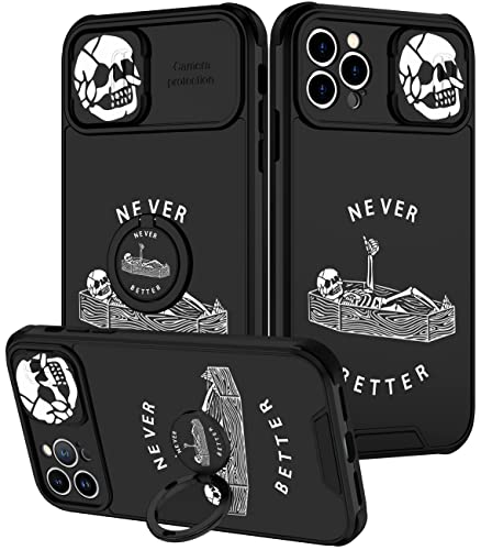 Goocrux Schutzhülle für iPhone 12 Pro, 2-in-1, Totenkopf-Skelett, für Damen und Mädchen, niedlich, Gothic, mit Schiebe-Kamera-Abdeckung und Ring, coole nie besser, gruselige Jungen/Teenager, Schwarz von Goocrux