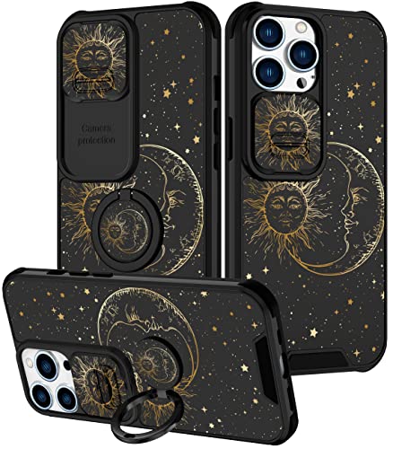 Goocrux (2-in-1 für iPhone 13 Pro Hülle Sonne Mond Sterne für Frauen Mädchen Niedliche Handyhülle Mode Golden Star Print Muster Design mit Slide Kamera Cover + Ring Halter Hüllen für iPhone 13 Pro 6,1 Zoll von Goocrux