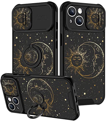 Goocrux (2in1 für iPhone 14 Hülle Sonne und Mond für Frauen Mädchen Niedliche Sterne Weltraum Handyhülle mit Schiebe-Kamera-Abdeckung + Ringhalter Mode Golden Print Design Hüllen für iPhone 14 6,1 von Goocrux