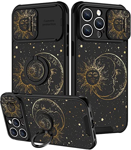 Goocrux (2in1 für iPhone 14 Pro Hülle Sonne und Mond Sterne für Frauen Mädchen Niedliche Weltraum-Telefonabdeckung mit Schiebe-Kamera-Abdeckung + Ringhalter Mode Golden Print Design Schwarz Hüllen für von Goocrux