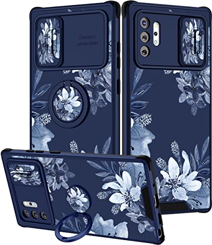 Goocrux 2-in-1-Schutzhülle für Samsung Galaxy Note 10 Plus (17,7 cm), Blumenmuster, niedliches Pflanzenmuster, mit Schiebe-Kamera-Abdeckung und Ring, modische blaue Hüllen für Note 10 Plus von Goocrux