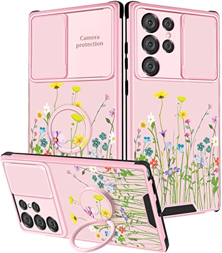 Goocrux 2-in-1 Schutzhülle für Samsung Galaxy S22 Ultra für Damen, Blumen, Mädchen, hübsche Handyhülle, mit Schiebe-Kamera-Abdeckung und Ringhalter, rosa Hüllen für Galaxy S22 Ultra 6.8 Zoll von Goocrux