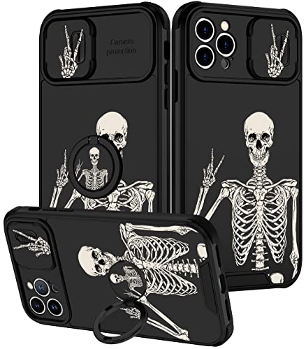 Goocrux 2-in-1-Schutzhülle für iPhone 12 Pro, Totenkopf-Skelett für Damen und Mädchen, niedliches Gothic-Design, mit Schiebe-Kamera-Abdeckung und Ring, lustig, gruselig, für Jungen, Teenager, Schwarz von Goocrux