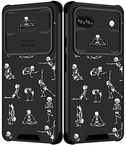 Goocrux Schutzhülle für Google Pixel 6A, Totenkopf für Damen, Mädchen, Skelett, Yoga, niedlich, Horror, Handyhülle, schwarz, Gothic-Design, ästhetisch, mit Schiebe-Kamera-Abdeckung, lustige von Goocrux