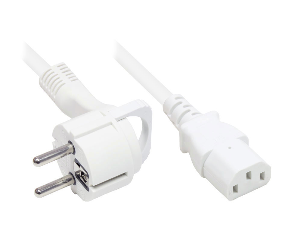 Netzkabel Schutzkontakt-Flachstecker Typ E+F (gewinkelt) an C13 (gerade), weiß, 1,00 mm², 5 m von Good Connections