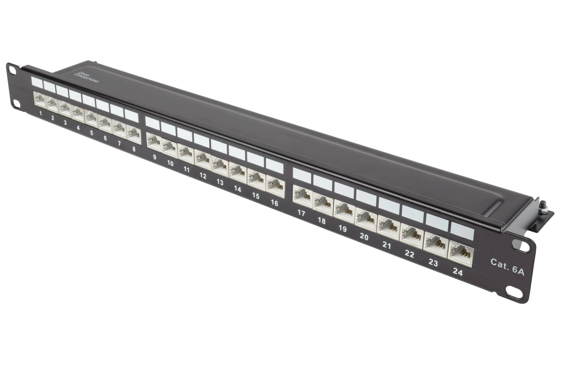 Patchpanel 19" Cat. 6A, 24-Port, 1 HE, STP geschirmt, werkzeugloses Öffnen, Tiefschwarz (RAL9005) von Good Connections