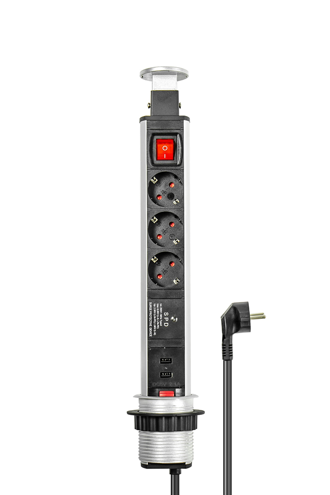 Pop-Up Steckdosenleiste 3+2, versenkbare Steckdosenleiste, Schalter, ALU-Profil, 3x Schutzkontakt, 2x USB, ÜSS/SPD, Good Connections® von Good Connections