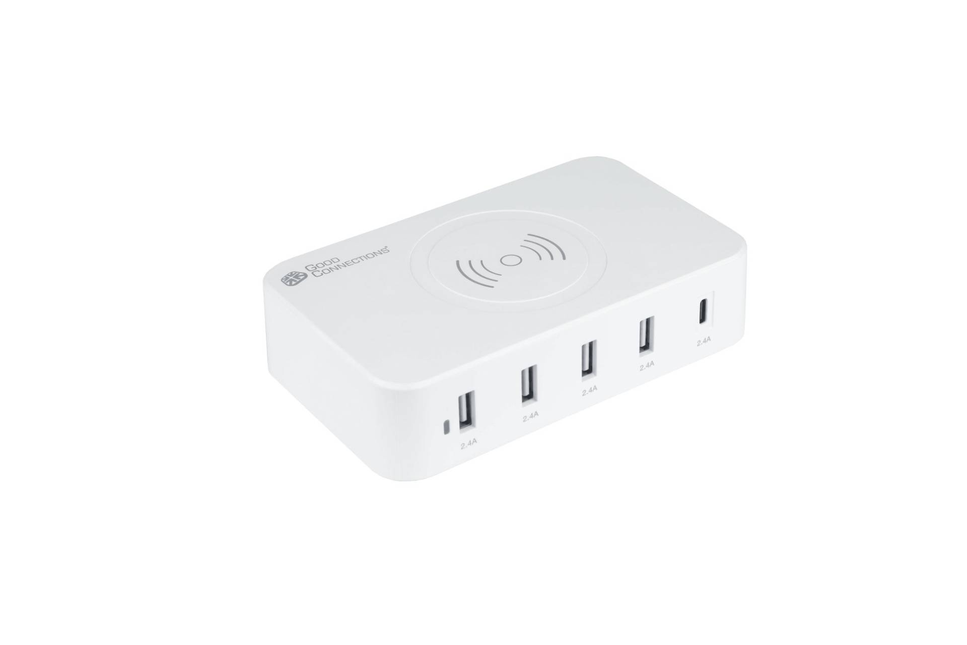 USB-Desktop-Ladestation 60W, 5-Port (1x USB-C™ und 4x USB-A), 10W Qi Wireless Charging, weiß von Good Connections