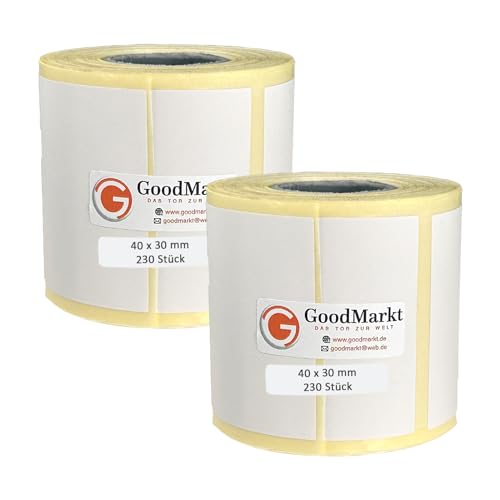 GoodMarkt Thermodirekt Etiketten selbstklebend | 40x30 mm 2 Rolle, weiß, 460 Etiketten | Kompatibel mit Brother, Zebra, Phomemo | Haushaltsetiketten, Barcodeetiketten, Marmeladenetiketten von GoodMarkt