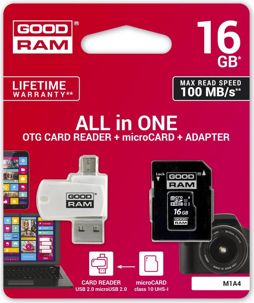Speicherkarte mit Adapter und GoodRam All in One M1A4-0160R12 (16 GB, Klasse 10, Adapter, MicroSDHC-Kartenleser, Speicherkarte) (M1A4-0160R12) von GoodRam