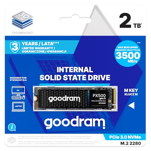 goodram - Laufwerk Extern - Px500 Gen.3 - Interne Festplatte - Hochgeschwindigkeits-PCIe-Gen. 3 x4-Schnittstelle - NVMe 1.4 Unterstützung - Speicherung von Mehrfachdaten - 2TB - 3500 MB/s - 2800 MB/s von GoodRam