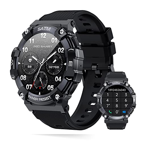 Goodatech 3,5 cm Militär-Smartwatch für Männer und Frauen, mit Telefonanruf, 5 ATM IP68 wasserdicht, Fitness-Tracker für Android iOS Handys, (Schwarz) von Goodatech