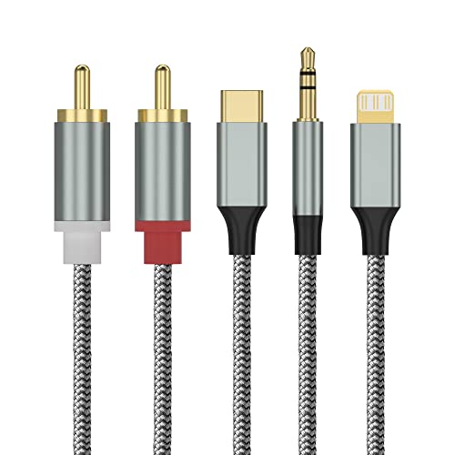 Lightning/USB Typ C/3.5mm auf 2 Cinch Aux Kabel 1.3M, 3 in 1 2 RCA Cinch Kabel Stereo für Lightning/USB Typ C/3.5mm Schnittstelle Kompatibel mit iPhone/Huawei/Samsung Galaxy/Google Pixel/OnePlus von Goodaux