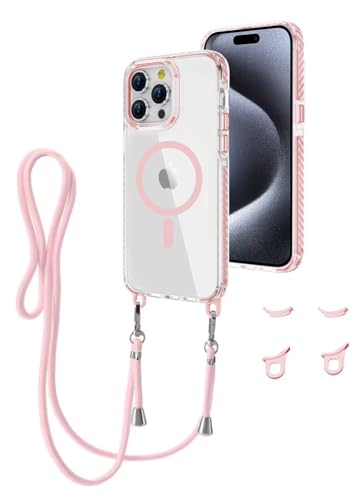 GoodcAcy Handykette für iPhone 16 Plus Hülle mit Band,Transparente Magnetisch Handyhülle [Kompatibel mit Magsafe], Schlank Dünn Stoßfest Schutzhülle mit Kordel zum Umhängen, hülle Kordel Rosa von GoodcAcy
