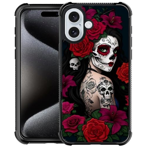 Goodsprout Kompatibel mit iPhone 16 Hülle, Lady Rose Skull Amazing Pattern Design Stoßfest Anti-Scratch Hard PC Back Case für iPhone 16 von Goodsprout
