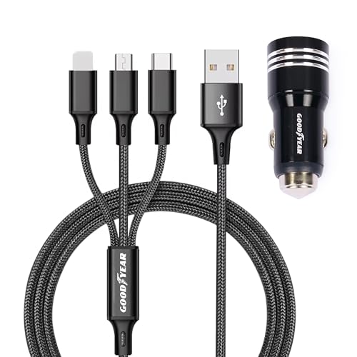 Goodyear 3 in 1 Ladegerät Lightning/Micro USB/USB-C Zigarettenanzünder mit Dual USB Kabel 120 cm für Auto Goodyear 3 in 1 Ladegerät Lightning/Micro USB/USB-C Zigarettenanzünder mit Dual USB Kabel 120 cm für Auto von Goodyear