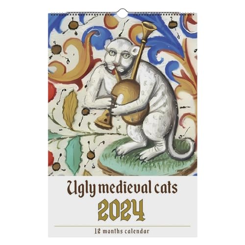 Ugly Medieval Cats Calendar 2024,Lustige Mittelalterliche Katzengemälde Wandkalender 2024,mit mittelalterlichen Katzenbildern - Heimdekorationen, Katzenkalender für Wohnzimmer, Schlafzimmer von Goowafur