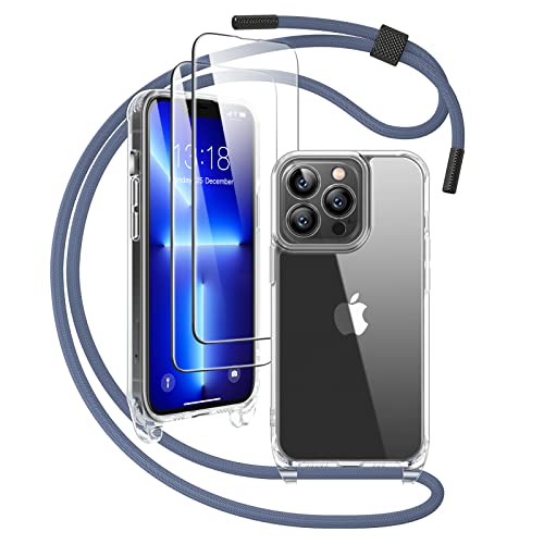 Gorain 5 in 1 Handykette für Apple iPhone 13 Pro Hülle mit Band - mit 2 Stück Schutzfolie, | Necklace Handyhülle für zum Umhängen | Transparent Case mit Schnur kompatibel mit 13 Pro 6.1", Neues blau von Gorain