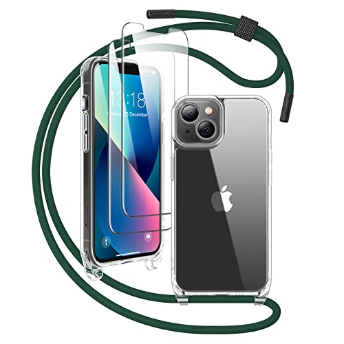Gorain [5 in 1 Handykette für iPhone 13 6.1" Display Hülle mit Band [Präzisionsloch Kameraschutz][Nie Vergilbung] Transparente Handyhülle mit verstellbarem Kettenband zum Umhängen - Grün von Gorain