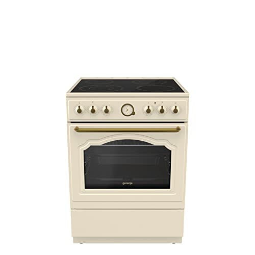 Gorenje Classico GECS 6 B70CLI Elektrostandherd mit Glaskeramik-Kochfeld/Retro Design / 60cm / 71 Liter/Gentle Close/Schnellaufheizung/AirFry/ExtraSteam/Pizzamodus/AquaClean/champagne, Elfenbein von Gorenje