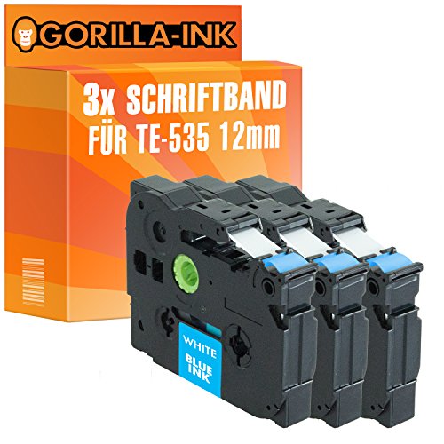 Gorilla-Ink 3x Schriftbandkassette kompatibel mit Brother P-Touch TZ-535 TZe-535 Weiß-Blau von Gorilla-Ink