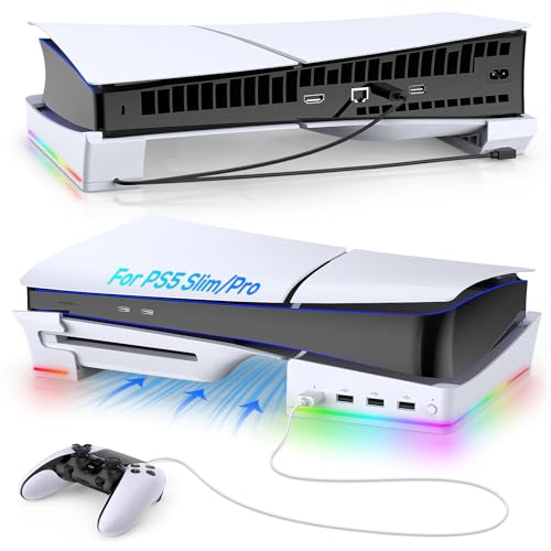Gorixer RGB Horizontaler Ständer für PS5 Slim/Pro Konsole mit 4 USB-Hubs,Halterung Standfuß Zubehör kompatibel mit PlayStation 5 Slim/Pro Konsole,14 Lichtmodus&Schnellladeanschluss für PS5 Controller von Gorixer