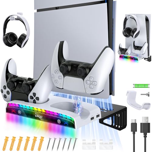 Gorixer RGB-Wandhalterung für PS5 Slim/Pro-Spielkonsole mit Ladestation - Stabiler Metallständer mit Controller-Ladegerät und Headset-Halterung & 3 USB-Hubs für Playstation 5 Disc & Digital von Gorixer