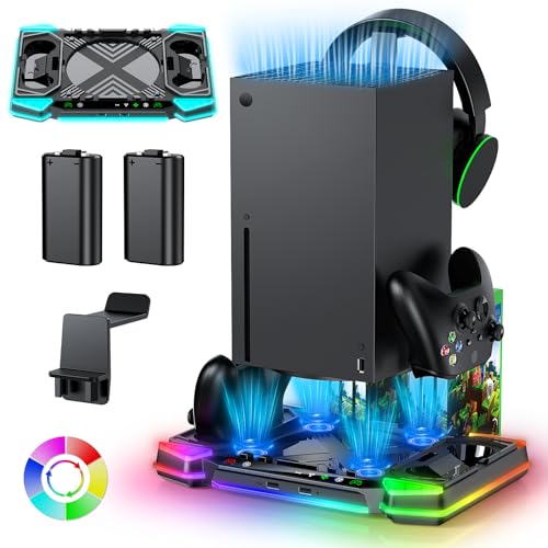 Kühlständer-Ladestation für Xbox Series X-Konsole und Controller, Kühler-Lüfter-Ladestation für Xbox Series X-Zubehör mit 11 RGB-Lichtmodi, 2 x 1400 mAh wiederaufladbaren Batterien, Spielespeicher Kühlständer-Ladestation für Xbox Series X-Konsole und Controller, Kühler-Lüfter-Ladestation für Xbox Series X-Zubehör mit 11 RGB-Lichtmodi, 2 x 1400 mAh wiederaufladbaren Batterien, Spielespeicher von Gorixer