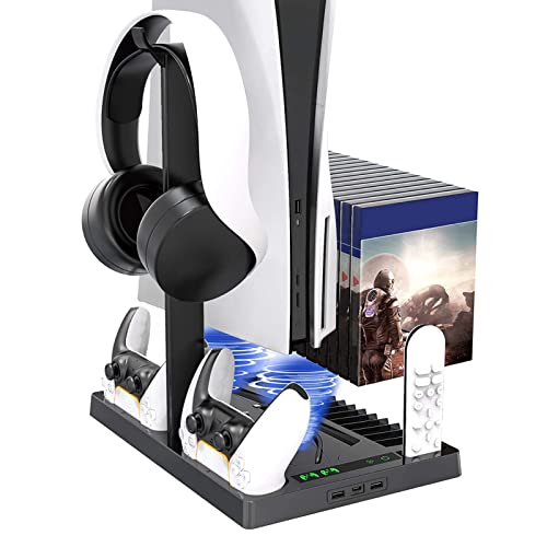 Goshyda Vertikaler Lüfterständer für PS5-Konsole, Digital Editions Dual-Controller-Ladegerät, 2 leise Kühlventilatoren, Ladestation-Zubehör, für Playstation 5 von Goshyda