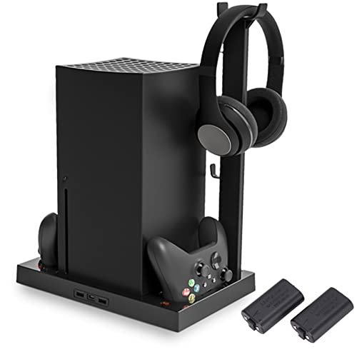 Goshyda Vertikaler Lüfterständer für Xbox Series X Konsolen-Controller, Dual Gamepad Ladestation, 4 Lüfter, mit 2x1400mAh Akku und Headset-Halter von Goshyda