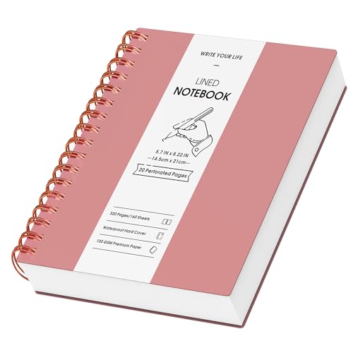 Gosirm A5 Notizblock, Notizbuch, 320 Seiten Spiralgebundene Notizbücher, Hardcover Liniert Spiralblock zum Schreiben, 100 g/m² College Papier, PVC Ringblock zu transportierende, 14,5 x 21 cm Rosa von Gosirm