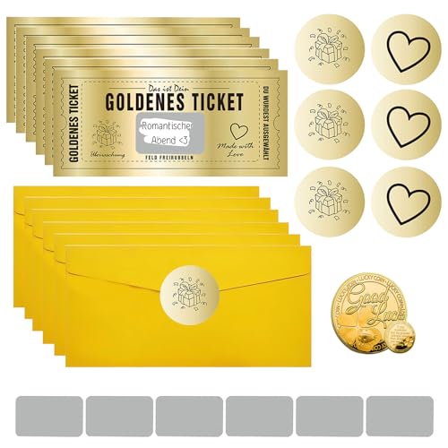 Gotetiso 6 Stück Goldenes Ticket Rubbellose Wunschgutschein Gutschein zum Selber Ausfüllen mit Rubbelaufkleber Gutscheinkarte zu Weihnachten mit Glücksmünze Gutschein mit Umschlag Geburtstagsgeschenk von Gotetiso