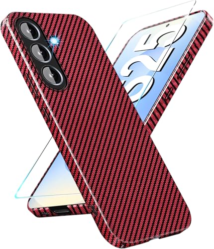 S25 Hülle Carbon mit Schutzfolie Handyhülle für Samsung S25 5G Hart Case Ultra dünn Hybrid PC Schutzhülle für Samsung Galaxy S25 5G Hüllen Stoßfest 360 Grad Slim Cover (Rot) von Gotivi