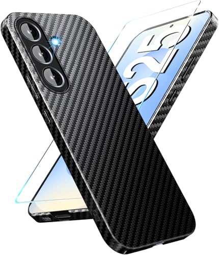 S25 Hülle Carbon mit Schutzfolie Handyhülle für Samsung S25 5G Hart Case Ultra dünn Hybrid PC Schutzhülle für Samsung Galaxy S25 5G Hüllen Stoßfest 360 Grad Slim Cover (Schwarz) von Gotivi