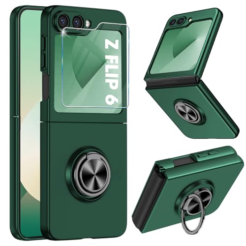 für Samsung Z Flip 6 Hülle mit Schutzfolie Handyhülle für Samsung Galaxy Z Flip 6 Case mit Magnetisch Ring Holder Stander Stoßfest Schutzhülle Cover Ultra Dünn Hard PC Flip Case 5G (Grün) von Gotivi