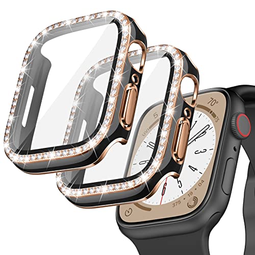 Goton 2 Stück Bling Schutzhülle für Apple Watch Serie 9 8 7 Displayschutzfolie 45 mm, Frauen Glitzer Diamant Strass Bumper Glas Gesichtsabdeckung für iWatch Zubehör 45 mm von Goton
