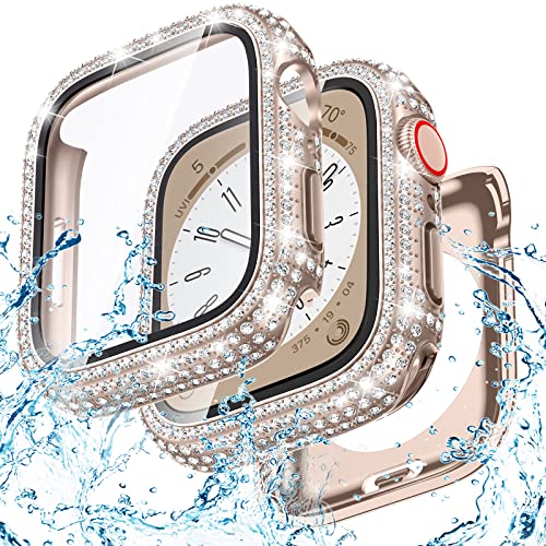 Goton 2 in 1 Wasserdichte Bling Hülle für Apple Watch 40mm Displayschutzfolie SE (2nd Gen) Serie 6 5 4, Full Glitter Diamant Strass Bumper Cover für iWatch Zubehör Frauen 40mm Original Rose Gold von Goton