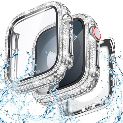 Goton 2 in 1 Wasserdichte Bling Hülle für Apple Watch Series 9 8 7 45mm Displayschutzfolie, Full Glitter Diamond Rhinestone Bumper Face Cover für iWatch Zubehör Frauen 45mm Silber von Goton