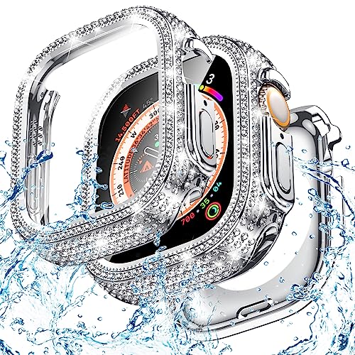 Goton 2 in 1 Wasserdichte Bling Hülle für Apple Watch Ultra Displayschutzfolie 49 mm, Full Glitter Diamant Strass Bumper Face Cover für iWatch Ultra Zubehör 49mm Silber von Goton