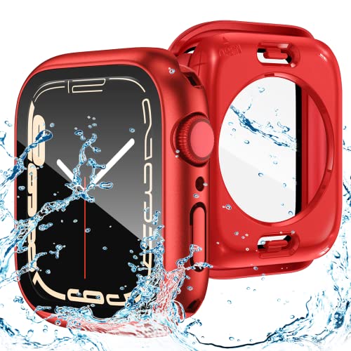 Goton 2 in 1 Wasserdichte Hülle für Apple Watch Series 9 8 7 41mm Displayschutzfolie, 360 Schutzglas Gesichtsabdeckung Harter PC Bumper + Rückrahmen für iWatch 9/8/7 Zubehör 41mm, Rot von Goton